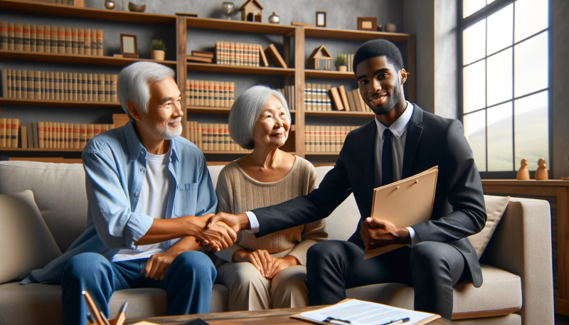 Photo of an older couple of Asian descent, sitting on a comfortable couch in a homely office, shaking hands with their real estate attorney, a young man of African descent. The attorney holds a folder with property documents, and there's a sense of accomplishment and mutual respect. The background showcases bookshelves filled with law books and personal mementos. The ambiance is warm, reassuring, and speaks to a successful and personalized legal consultation.