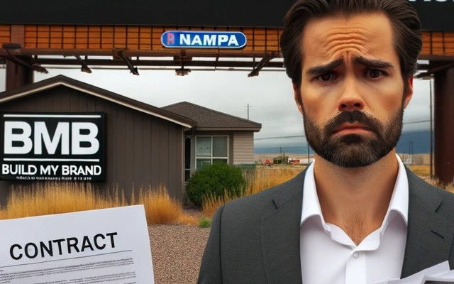Photo of a concerned investor standing outside the 'Build My Brand - BMB' company building in Idaho, Nampa. The investor holds a contract and financial statements, showing losses. Behind him is a large advertisement billboard claiming 'Passive Income Within First Year or Money Back'. The scene captures the investor's frustration and the potential false advertising by the company.