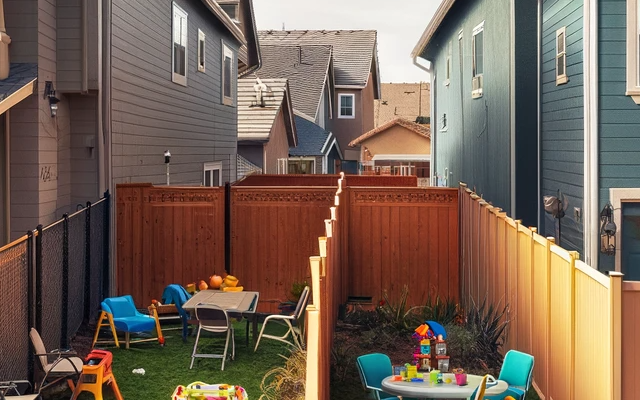 Photo of a suburban neighborhood in San Diego, with two houses side by side under a sunny sky. One house has a newly installed metal fence encroaching onto the neighboring property. There is garden furniture and children's toys close to the fence on the encroached side, indicating regular use of that area. The properties are otherwise quiet, with no individuals present, highlighting the dispute over property lines.