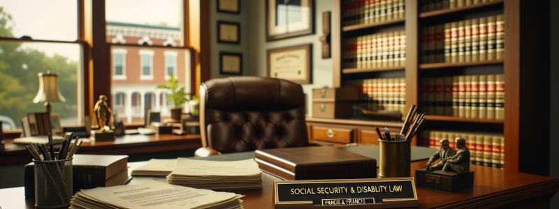 Photo of a serious looking office environment in Kentucky with a wooden desk prominently featuring a stack of legal documents related to social security & disability law. A brass nameplate on the desk reads 'Francis & Francis'. In the background, there's a shelf with law books, and a window showing a view of Paducah. The atmosphere is calm, with muted colors, emphasizing a professional and realistic setting. The lighting is soft and there's a sense of urgency and importance in the room.