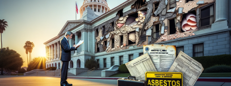 Photo of an old government building in San Bernardino with visible signs of wear and aged construction materials. Close up of some parts of the building reveal asbestos fibers. In the foreground, a distressed individual is holding medical reports indicating a diagnosis of Mesothelioma, while an attorney with a briefcase labeled 'Asbestos Claims' is explaining something to the individual. The setting sun casts long shadows, symbolizing the challenges and delays in seeking compensation. The overall mood is so