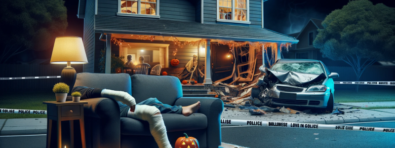 Photo of a house with a damaged living room, showing debris from a car crash and a person sitting on a couch with a bandaged leg. The house should appear in a suburban neighborhood at night with Halloween decorations in the front yard. The car, which crashed into the house, should be visible in the background with police tape around it.