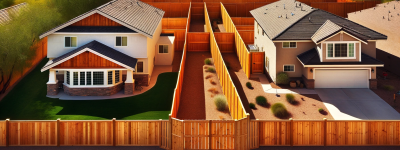 An image of two adjacent suburban houses in Phoenix, Arizona, with a new wooden fence dividing the properties. The fence is noticeably closer to one house, suggesting a property line dispute. The fence is built of fresh pine wood and stands about 6 feet tall. The scene is set during the day under clear skies, with the sun casting shadows that visually emphasize the encroachment of the fence on one property. The surrounding is a typical suburban neighborhood with manicured lawns, a few trees, and the backdro