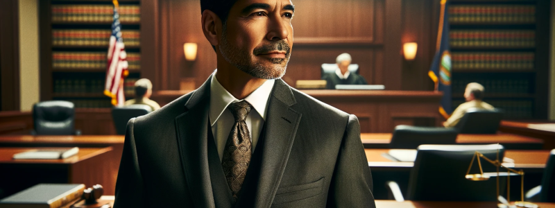 The image is a positive and professional depiction of a criminal defense attorney in Shawnee, Kansas. The attorney is portrayed as confident and competent, standing in a courtroom environment, symbolizing strength and determination. The attorney is a middle-aged Hispanic male, wearing a well-tailored dark suit, a crisp white shirt, and a subtly patterned tie. His expression is one of focus and assurance, conveying a sense of readiness to advocate fiercely for his client. The courtroom is depicted with reali