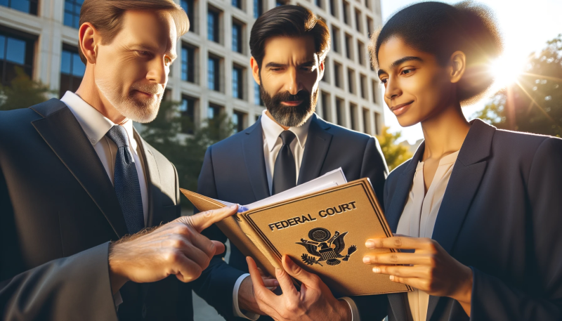 Close-up photo of a diverse male and female federal law attorney standing outside a federal courthouse, discussing a case with their client, a middle-aged Caucasian man. The attorneys are holding a folder containing documents with the federal court's seal, pointing to specific sections while explaining the legal strategy to the client. The warm sunlight illuminates the federal courthouse in the background, creating a positive ambiance that reflects their commitment to resolving the client's legal issues.