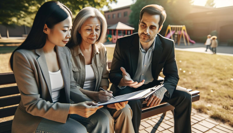 Close-up photograph of two lawyers, an Asian female and a Hispanic male, sitting on a park bench with a client, a middle-aged Caucasian woman. They are engrossed in a discussion, pointing towards a child support agreement on a clipboard. The background shows a peaceful park with a playground, and the bright afternoon light creates a positive ambiance, highlighting their commitment to providing legal assistance for child support collections.
