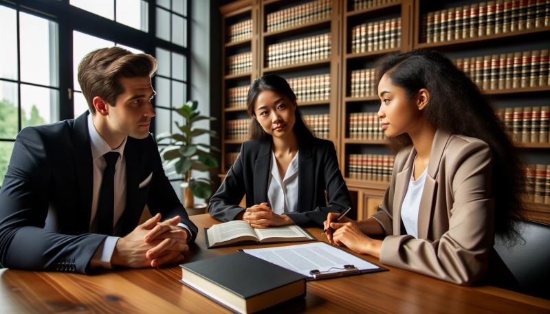 Photo of a professional, well-lit office setting where two attorneys, a Caucasian male and an Asian female, are having a serious discussion with a client, an African-American female. They sit around a polished wooden table with legal documents spread out. The background shows bookshelves filled with legal books. The atmosphere suggests a positive approach to resolving the legal issue at hand. All individuals wear formal attire, symbolizing the importance of the meeting.