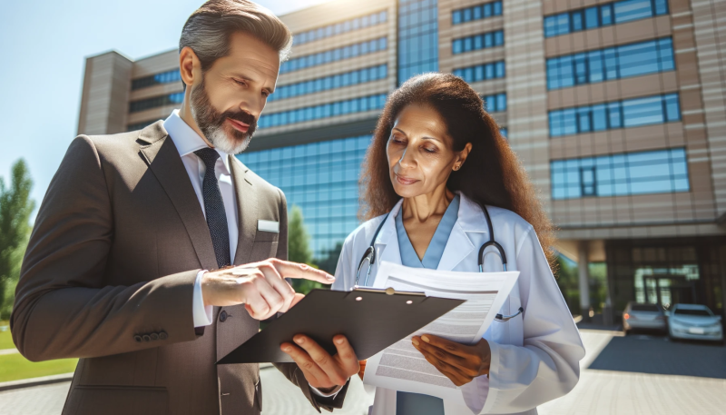 Close-up photo of a Hispanic male attorney and a Caucasian female attorney standing outside a hospital. They are in a discussion with a middle-aged African American female client who has been diagnosed with Mesothelioma. The attorneys are holding a clipboard with medical records and legal documents, and they are pointing to specific sections while explaining the client's rights and options. The bright sunlight and the hospital in the background highlight the supportive and collaborative atmosphere.