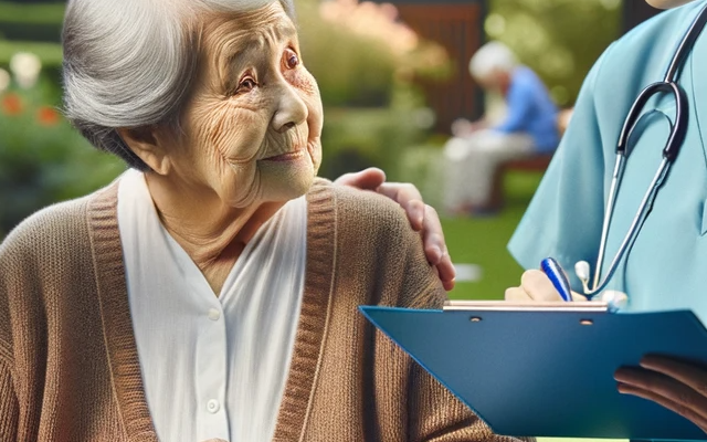 Photo of a serene elderly care facility in Oakland, with a warm and welcoming environment. An elderly woman, looking content, is being assisted by a healthcare professional as they walk through a beautifully landscaped garden. Nearby, a young family member, possibly a son or daughter, is in a deep discussion with an elder law attorney, who holds a folder with papers labeled 'Medicare' and 'Inter-State Transfer'. The scene captures the complexities and concerns of transferring elderly care across states whil