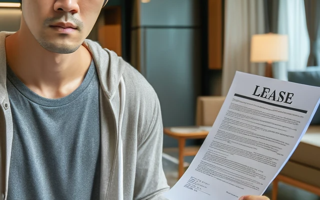 Photo of a concerned tenant holding a lease agreement and a calculator sitting at a wooden table with a laptop open to a legal advice website, in a well-furnished condo interior. The scene is set during the daytime with natural light streaming through large windows, showcasing a mix of modern and cozy décor. The tenant is an East Asian male in his 30s wearing casual home attire. The image captures the tenant's apprehensive expression as he reviews documents.