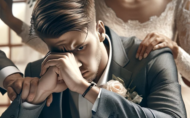A professional and serious image depicting a tense moment where one person is being pressured to sign a document by another person on their wedding day. The setting is a luxurious wedding venue with a hint of unease in the atmosphere. The person being pressured appears stressed and uncertain, with a family looking on, creating a scene that captures the concept of duress without being a caricature. This image should be in full color, realistic, and reflect the gravity of signing legal documents under pressur
