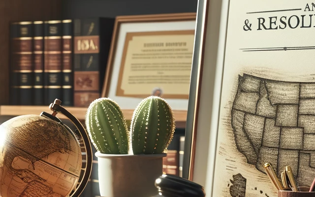 A professional and positive image symbolizing immigration law, focusing on hope and resolution. The scene is a close-up, wide photograph with realistic colors. It features a well-lit, tidy lawyer's office, with a wooden desk prominently displaying legal books, a gavel, and a small globe. In the background, there's a neatly arranged bookshelf filled with legal tomes and a framed inspirational quote about justice and perseverance. Subtle elements like a small flag or national symbols are tastefully incorporat