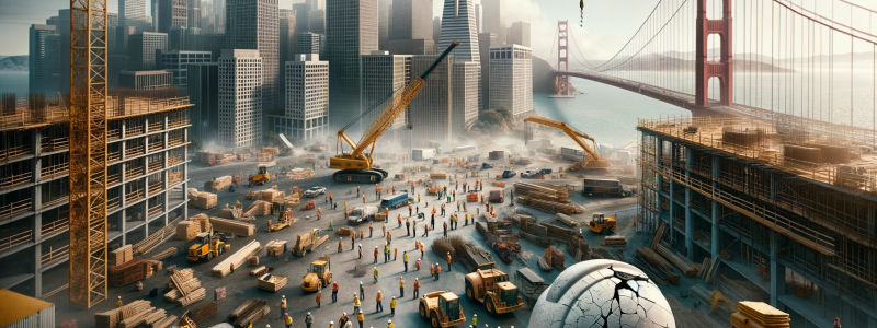 Photo of a bustling construction site in San Francisco, with skyscrapers in the backdrop and the iconic Golden Gate Bridge visible in the distance. Workers are busy with various tasks, machinery is in operation, and cranes are lifting materials. In the foreground, a cracked construction helmet lies discarded on the ground, symbolizing the focal point of the incident. The scene effectively communicates the hazards of construction work, the significance of safety equipment, and the dire consequences of neglig