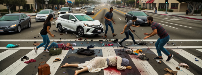 Photo of a busy intersection in Irvine during daylight. A pedestrian crosswalk is visible, and in the center, a woman of Middle Eastern descent is on the ground, clearly injured with signs of abrasions on her skin. Nearby, a discarded shoe and scattered personal items hint at the impact of the accident. A few bystanders, including a man of Hispanic descent and a woman of Caucasian descent, are rushing to assist her. Skid marks are evident on the road, and a car in the distance appears to be speeding away. T