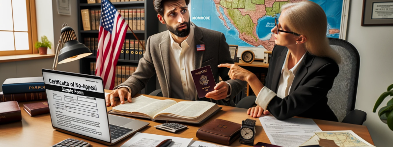 Photo of a cozy legal office setting in Bloomington. There's a desk with a laptop opened to a webpage titled 'Certificate of No-Appeal - Sample Form'. Beside the laptop, there are various legal documents and a Monroe County, Indiana map. A man with a US flag pin on his lapel, indicating his US citizenship, looks puzzled as he holds a passport with both US and Italian flags. An attorney, a woman of Caucasian descent, is explaining the process to him, pointing towards the Monroe County map. The atmosphere con
