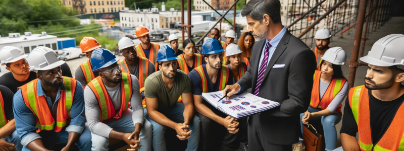Photo of a diverse group of construction workers in the Bronx, New York, receiving safety training and legal rights education from a professional legal expert. The legal expert is using charts and graphs to explain the laws and regulations governing workplace injuries in New York. The construction workers, including both men and women of various ethnic backgrounds, are attentively listening and taking notes. The setting is an open construction site with scaffolding, beams, and safety equipment in the backgr