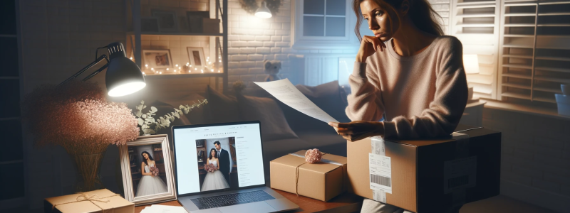 Photo of a home office in Los Angeles illuminated by soft lighting. There's a laptop open with the webpage of an online boutique shop displayed, surrounded by packaged orders ready to be shipped. In the foreground, a woman looks worried, holding divorce papers and reading them. On the side, there's a framed wedding photo turned face-down, symbolizing the impending separation. The ambiance conveys the emotional turmoil she's going through while trying to protect her hard-earned business from the divorce clai