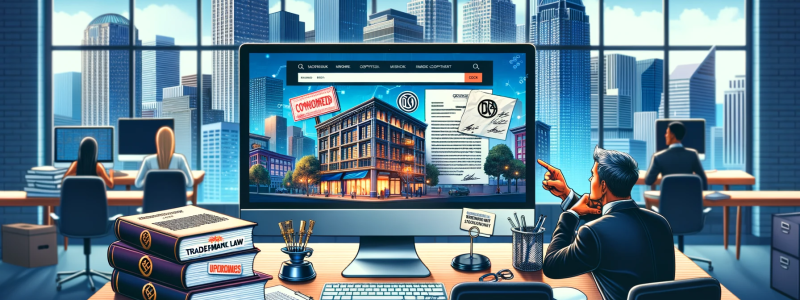 Photo of a modern workspace in Oakland with a cityscape view. The desk is adorned with a computer displaying an online retail website, showcasing a specific logo. Beside the computer are letters and legal documents suggesting a potential trademark dispute. In the foreground, a worried business owner is discussing the situation with a trademark & copyright law attorney. The attorney is pointing to a book labeled 'Trademark & Copyright Law', emphasizing the nuances and complexities of the issue. The setting c