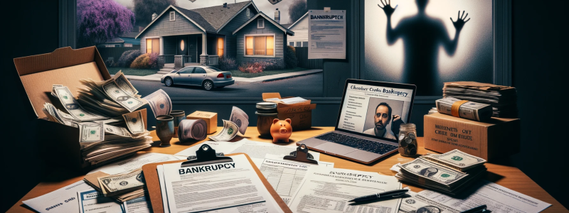 Photo set in Sacramento depicting a stressed individual surrounded by bills, notices from creditors, and bankruptcy forms on a home desk. On one side, there's a visible house and car, symbolizing the individual's assets. On the other, there's a shadowy figure of a creditor knocking on the door, representing the constant pressure from debt collectors. The atmosphere is somber, with muted colors, capturing the weight of financial distress and the difficult decisions ahead. The image emphasizes the complexitie