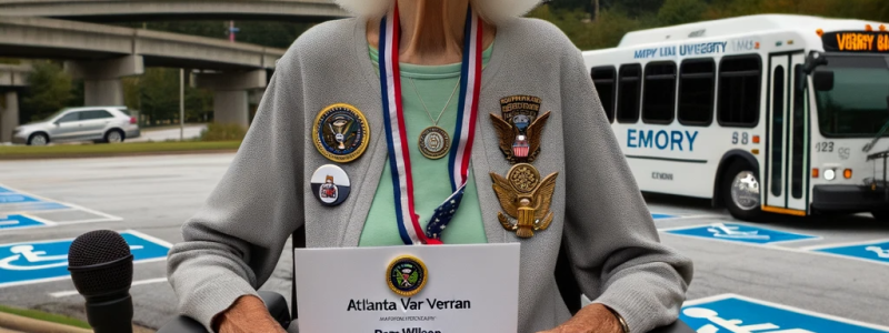 Photo of a determined Pam Wilson, a disabled veteran, standing outside the Atlanta VARO building holding her employment documents. She wears a veteran badge and has mobility aids, emphasizing her physical challenges. Behind her is a parking lot with visible handicap spaces, and in the distance, a shuttle representing Emory University, highlighting the distance she had to cover without proper accommodations.