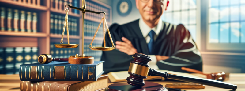 A professional and positive close-up image symbolizing the search for a criminal defense attorney in Michigan City for a retail theft case. The scene should include symbolic elements like legal books, a gavel, and scales of justice to represent the legal profession. These items should be arranged on a lawyer's desk, with a background hinting at a legal office environment. The color scheme should be vibrant yet realistic, conveying a sense of professionalism and positivity. The composition should be detailed