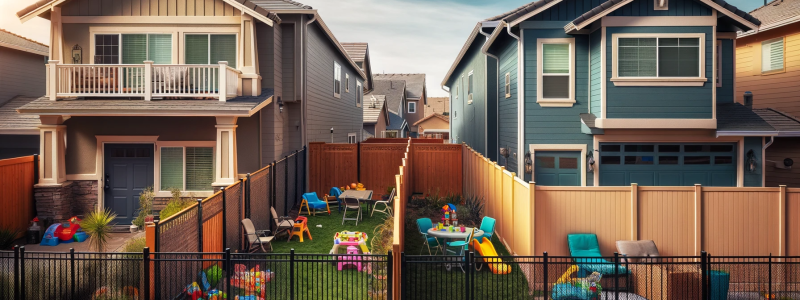 Photo of a suburban neighborhood in San Diego, with two houses side by side under a sunny sky. One house has a newly installed metal fence encroaching onto the neighboring property. There is garden furniture and children's toys close to the fence on the encroached side, indicating regular use of that area. The properties are otherwise quiet, with no individuals present, highlighting the dispute over property lines.