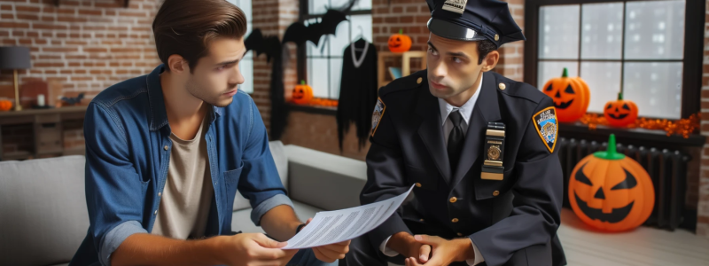 Photograph of a tenant and landlord having a discussion in a New York City apartment living room about a Halloween party that resulted in a police visit. The tenant is holding a copy of the lease agreement, and there are Halloween decorations in the background.