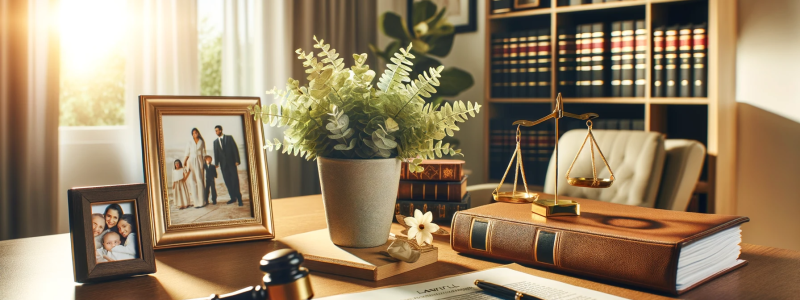 A close-up image of a professional and calm environment suitable for a family law consultation. The setting includes a well-organized and elegant office space, indicative of legal expertise in family law matters. The desk is adorned with tasteful, positive decorations, including a small potted plant, a family photo frame, and a stack of neatly arranged legal documents. The overall color scheme is warm and inviting, with natural light streaming in through a window, creating a reassuring atmosphere. The image