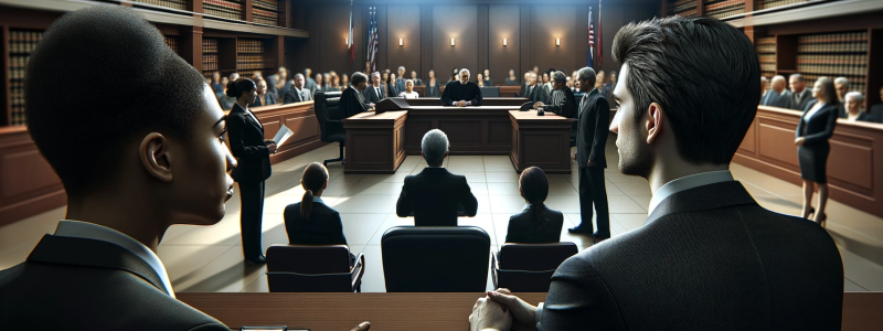 A close-up, wide photograph depicting the concept of criminal defense and extradition procedures. The image shows a positive and professional scene in a courtroom setting, focusing on the theme of legal representation and justice. It includes a diverse group of people, with a Caucasian male lawyer in a suit, a Hispanic female judge, and a Black court clerk, all engaged in a legal discussion. The courtroom is well-lit, symbolizing hope and fairness, with realistic colors emphasizing the serious nature of the