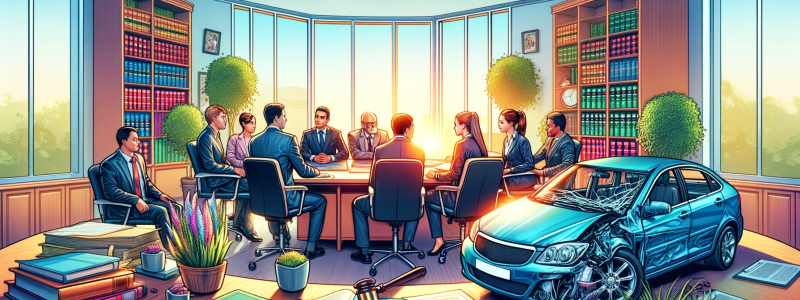 The image is a positive and colorful representation of a legal consultation setting, relating to a car accident lawsuit. It features a wide, close-up view of a professional, welcoming environment. In the center, a diverse group of people, representing different genders and ethnicities, are engaged in a friendly discussion. The scene includes a bright and organized lawyer's office, with law books and legal documents neatly arranged on a desk. The background is filled with sunlit windows, indoor plants, and a