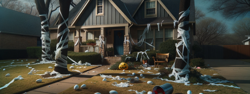 A photo of a house with toilet paper in the trees, eggs on the siding, and broken yard decorations scattered on the lawn. The lighting is somber to reflect the seriousness of the situation. The colors are realistic and muted to enhance the professional and serious tone of the image.