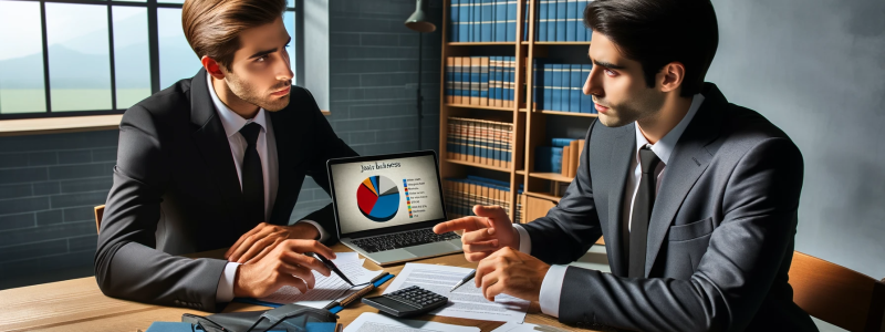 A professional, serious, realistic image reflecting a legal consultation on a messy divorce involving a joint business. The image should depict an office setting with two individuals - a lawyer and a client - sitting across from each other at a desk with paperwork that suggests a business partnership. There's a laptop open showing a pie chart indicating shared business assets. Both individuals are focused, the lawyer is explaining a point to the client, pointing at the paperwork. The room is well-lit, and t