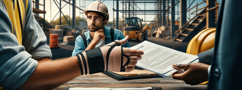 A realistic and professional photograph reflecting a legal advisory context on workers' compensation disputes in Denver. The first image shows a worker in a construction setting with safety gear on, looking at paperwork with a concerned expression. The worker is a middle-aged Caucasian man. The background includes construction materials and safety cones to indicate the workplace environment. The second image features a close-up of hands exchanging a document labeled 'Workers' Comp Claim' across a table, wit