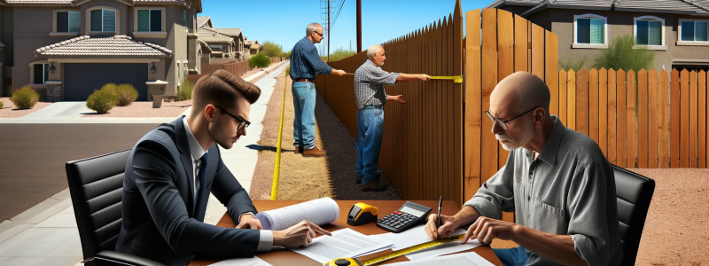 Create two distinct realistic images depicting a boundary dispute between neighbors over a newly built fence. The first image should show a professionally dressed lawyer reviewing property documents with a concerned homeowner, displaying a fence in the background that appears to be encroaching on the property. The second image should illustrate a meeting between two neighbors with a mediator present, pointing towards a fence line with a tape measure in hand, suggesting a discussion over the property boundar