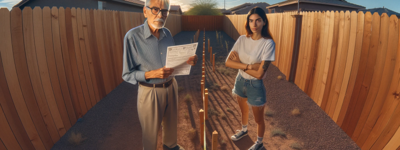 A wide-angle photo of two neighbors, a Caucasian elderly man and a Hispanic woman in her 30s, standing in a backyard in Phoenix, Arizona, looking at a newly built wooden fence that clearly extends beyond the agreed property line marked by a series of stakes in the ground. They are holding a property deed and a measuring tape, showing the exact measurements of the encroachment. The sun is setting, casting long shadows, highlighting the disputed boundary. The image conveys a serious tone suitable for a legal 