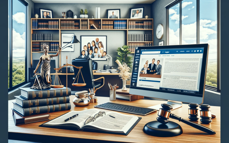 A professional and serious wide image reflecting a legal consultation environment about family law and custody disputes. The image includes a balanced, gender-neutral depiction of a family law attorney's office with legal books, a computer opened on a legal research website, and documents relating to custody law spread out on a desk. The room is well-lit, suggesting a positive atmosphere. There is a family photo on the desk, symbolizing the focus on family matters. The colors are realistic and there is no c